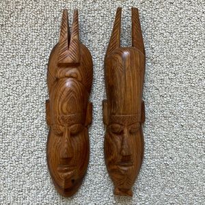 Indonesian Bali Handcrafted Wood Tiki Face Mask Wall Decor Set of 2